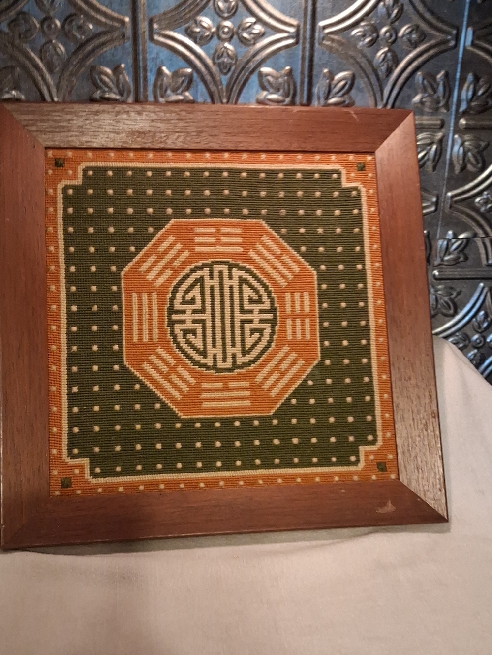 Hand Crafted Olive Green and Rust Framed Needlepoint Art Asian Inspired
